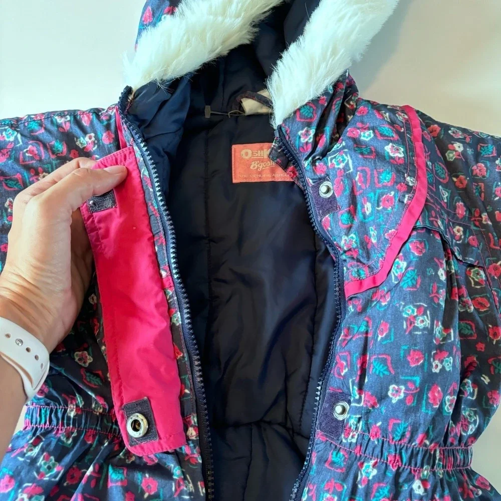 Vintage 90s Oshkosh B'gosh Girls 18 Month Snowsuit Blue Pink Floral‎ Hooded